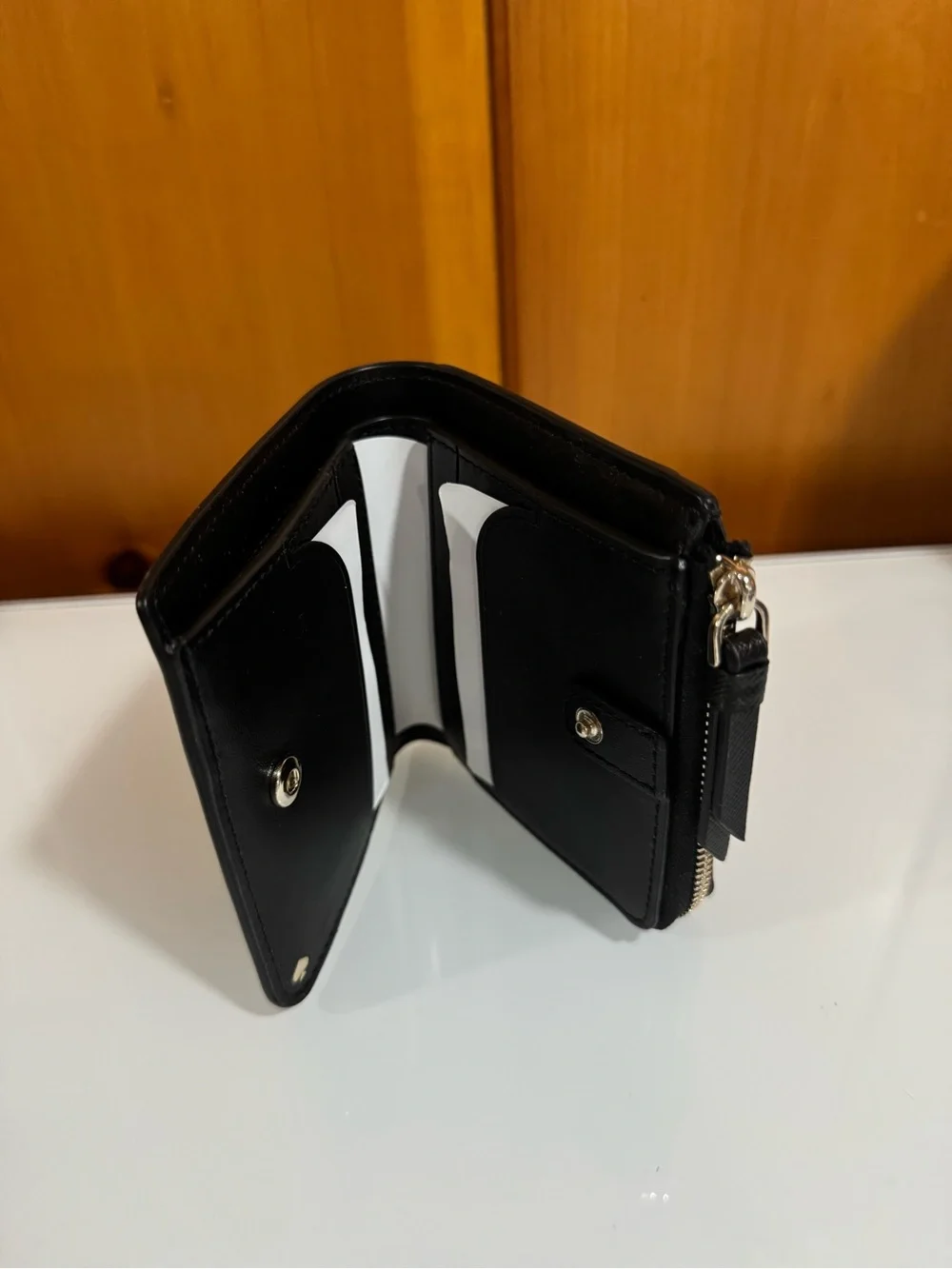 Kate Spade Black with White Polka Dot Bifold Wallet (with Zipped Change Section)
